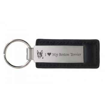 Stitched Leather and Metal Keychain  - I Love My Boston Terrier