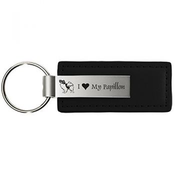 Stitched Leather and Metal Keychain  - I Love My Papillon