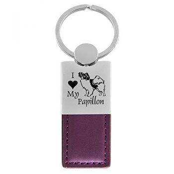 Modern Leather and Metal Keychain  - I Love My Papillon