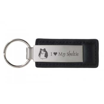 Stitched Leather and Metal Keychain  - I Love My Sheltie